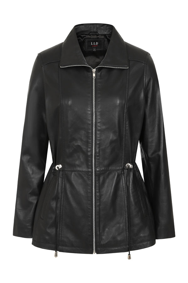 Black hip-length genuine nappa leather jacket by LLD Original, featuring a classic design and available in multiple sizes.